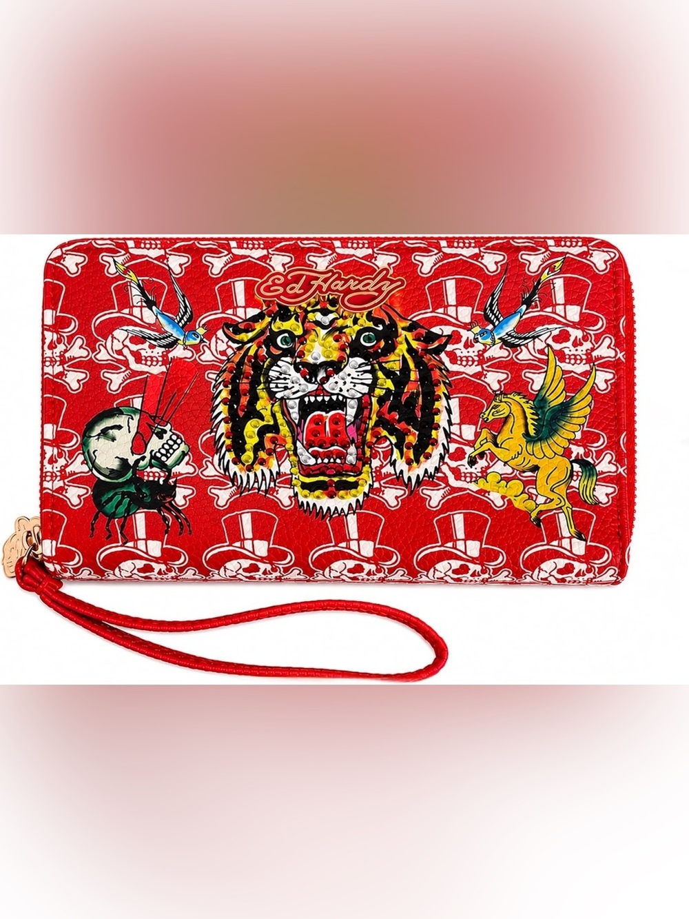 Ed Hardy NWT Tiger Tattoo Zip Around Wristlet Wallet Red Vegan Leather Y2K